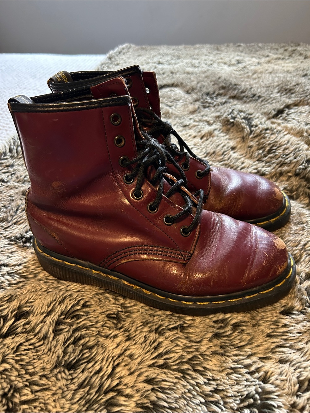 Dr. Martens Burgundy Lace-Up Leather Boots with Yellow Stitching